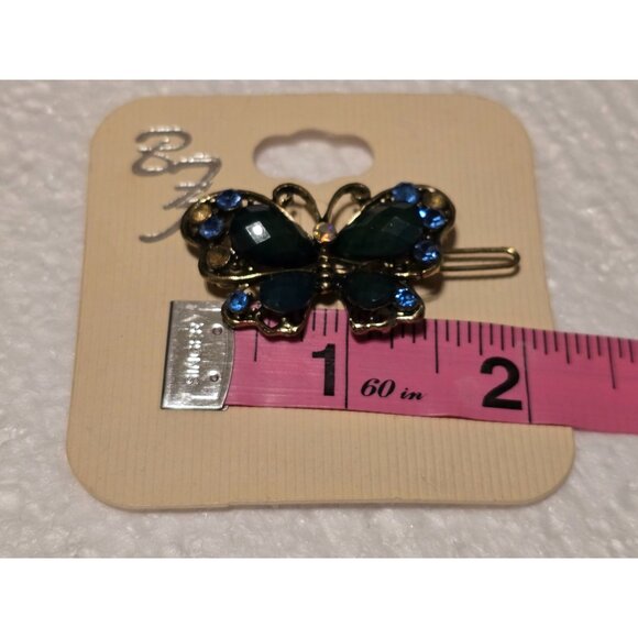 Gold Tone Butterfly Hair Clip Barrette Blue Rhinestones (missing 3 see pictures) - Picture 2 of 3